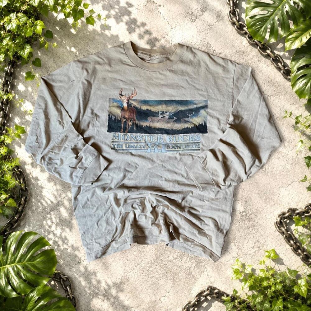 90s Monster Bucks The Legacy Continues Long Sleeve Shirt sz us L Tan Hunting VTG